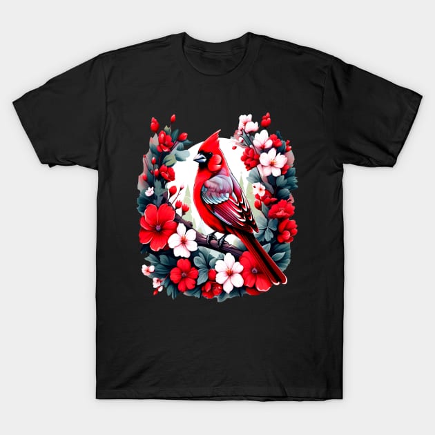 Cute Northern Cardinal Surrounded by Vibrant Spring Flowers T-Shirt by BirdsnStuff